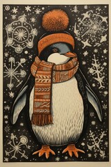 Cute penguin wearing hat, scarf, boots, winter wonderland