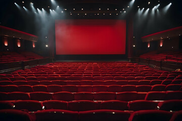 cinema theater auditorium with red empty chairs - obrazy, fototapety, plakaty