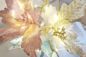 Sparkling Blue, Pink, White and Gold Christmas Flowers. Merry Christmas. 