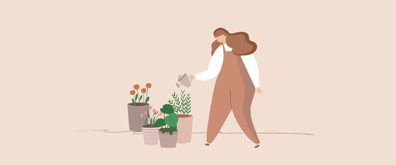 A woman is watering her plants alone (self-isolation)