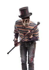 Horror aggressive Halloween character holding a walking stick
