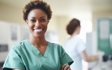 female nurse wearing light green scrubs smiling 