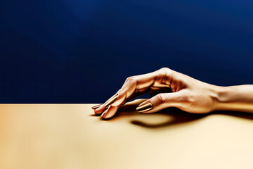 Golden female hand, fashion concept on dark blue golden background