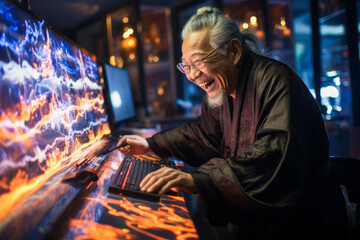 Elderly Asian man in kimono using a holographic computer, neon-lit room.