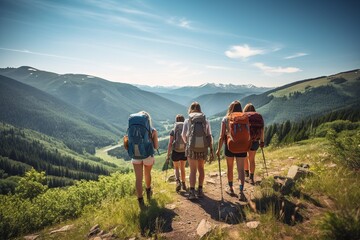 Fototapeta premium Hikers Exploring Mountain Trails at Sunrise