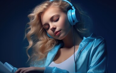 girl with close eyes listening to an audio book 