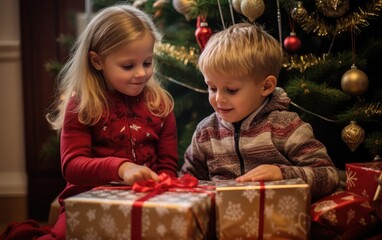 Fototapeta na wymiar Photography of a little brother and sister looking at gifts under the tree for the New Year, vibrant colors