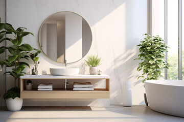 White bathroom interior design, countertop washbasin with faucet on white counter and round mirror with wooden shelf and bathtub in modern minimal style, front view.