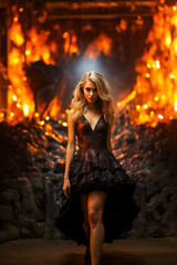 Young woman posing by erupting volcano in evening dress.