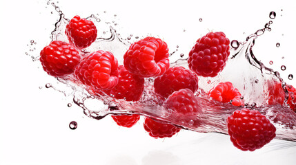 Fresh and delicious red raspberry fruits and water splashing in mid air isolated on dark...