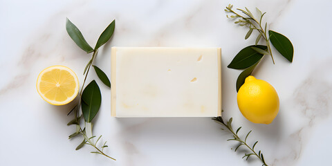 Top view of natural handmade soap with lemon oil on white marble background - obrazy, fototapety, plakaty