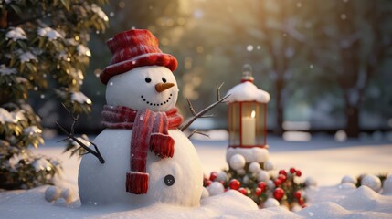 Obraz premium Snowman in the gardenSnowman in the garden Snow covers the ground. Generative AI