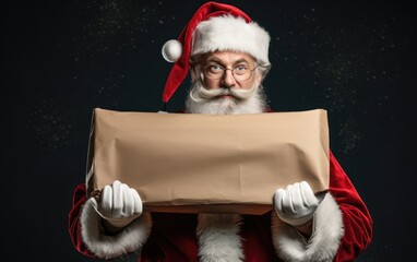 Santa claus is holding a blank cardboard sign