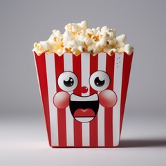 A red and white striped box with a face on it