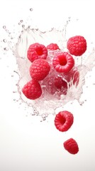 Some raspberries are falling into a bowl of water