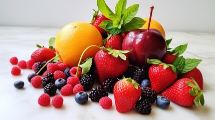 Summer Freshness: Strawberries, Cherries, Peaches on Light Background