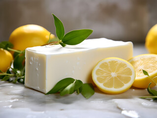 Close up of white natural handmade soap with lemon oil on white table, blurry background