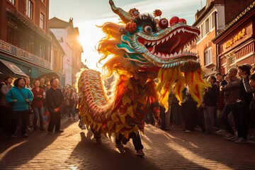 Vibrant Chinese Lion Dance Celebration - obrazy, fototapety, plakaty
