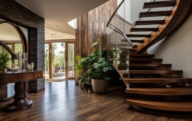 Modern wooden staircase with glass railing in a bright, airy home interior.