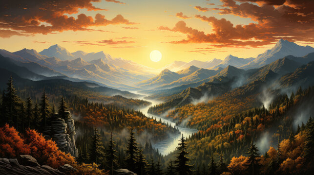 Sunset In River The Mountains, Smoky Mountains With Forest  And Clouds, Mountains Fog. Nature  Vector Illustration