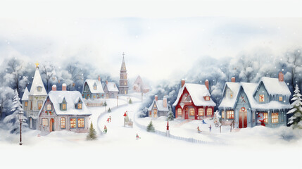 Hand drawn watercolor painting of winter old european town. Landscape painting with buildings, houses, snowfield, peoples for illustration, digital print, background.