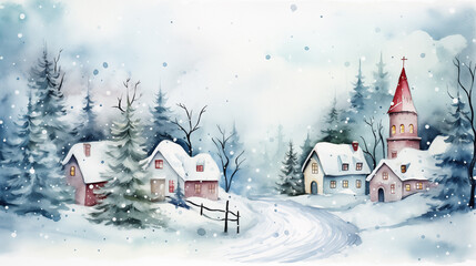 A Winter Christmas Scene. Christmas  in a village. Pine evergreen trees, decorated festive wintry snow, watercolor Illustrations