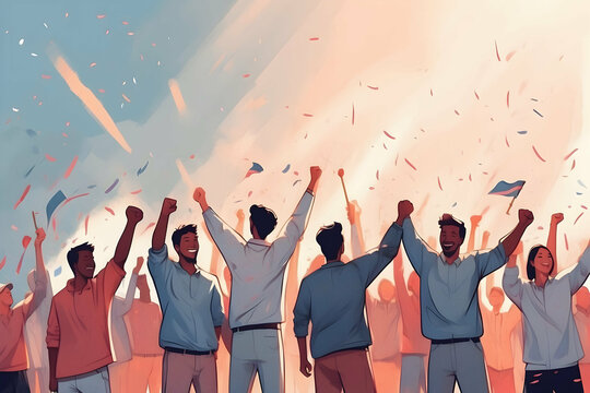 illustration of happy people with hands up in festival