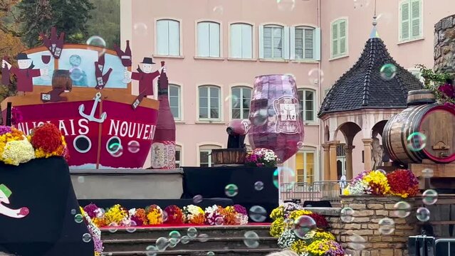 Young Wine Festival Les Sarmentelles, Beaujolais Nouveau arrived, Beaujeu, Beaujolais, Bourgogne, France November 15, 2023. High quality 4k footage