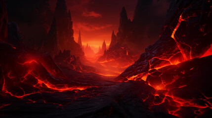 Seething hot volcano lava flowing on the ground. Hellish landscape