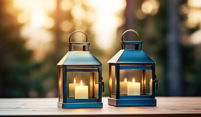 Two metal lanterns sitting on top of a wooden table.