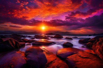 Fototapeta na wymiar An HD image capturing the awe-inspiring grandeur of a majestic sunset, painting the sky with vibrant hues of orange and purple, evoking a breathtaking natural spectacle,