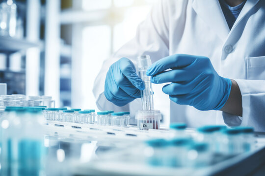personne travaillant dans un laboratoire de recherche m&eacute;dicale, milieu st&eacute;rile et confin&eacute;