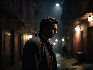 Image from a man standing in a dark alley at night, evoking fear, suspense, thriller, and horror concepts.