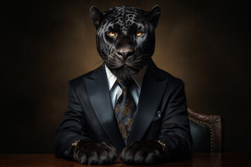 A Stylish Black Panther Dressed in an Elegant and Modern Suit with a Chic Tie. Fashion Portrait of an Anthropomorphic Animal, Captured in a Charismatic Human Attitude.
