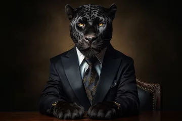 Tuinposter A Stylish Black Panther Dressed in an Elegant and Modern Suit with a Chic Tie. Fashion Portrait of an Anthropomorphic Animal, Captured in a Charismatic Human Attitude. © Asiri