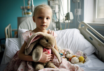 Childhood cancer. Girl with toy bunny in hospital. - obrazy, fototapety, plakaty