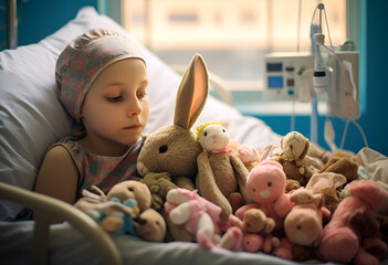 Childhood cancer. Girl with toy bunny in hospital.