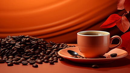Coffee beans and a cup of coffee like advertisement, orange background. Generative AI.