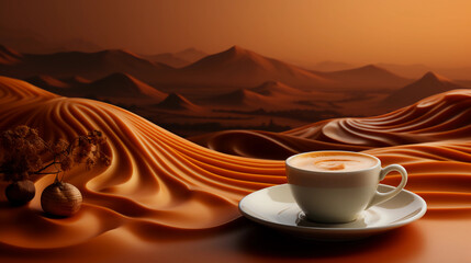 Latte art coffee and desert-like wave background. Generative AI.
