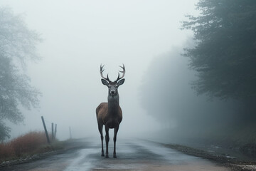Misty Morning Encounter Deer Standing on Road Near Forest. Caution for Road Hazards, Wildlife, and Safe Driving.