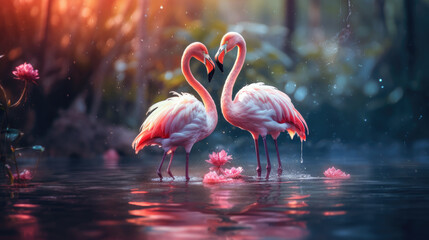 pink flamingos in the water, Cute Flamingos Birds