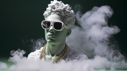 Plaster bust of a man with glasses on a green background - obrazy, fototapety, plakaty