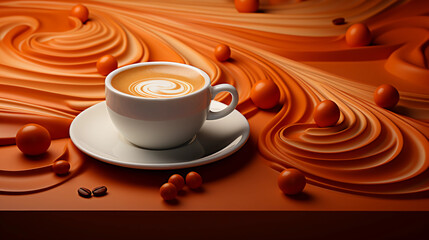 Caramel latte/latte art coffee and desert-like wave background. Generative AI.