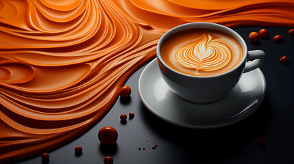 latte art coffee and Caramel-like wave background. Generative AI.