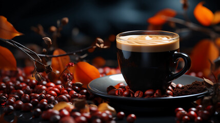 Strong espresso/black coffee and coffee beans background art. Generative AI.