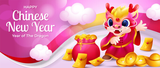 Chinese New Year 2024, year of the dragon greeting banner with cute cartoon little dragon zodiac character