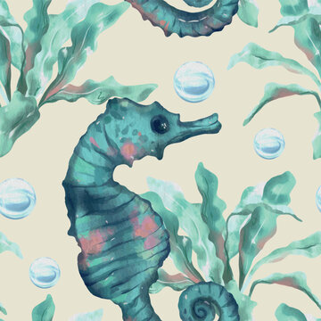 Sea horse, algae and bubbles. Marine seamless pattern. Vector illustration in watercolor style. Covers, fabric, wrapping paper, wallpaper, textile.