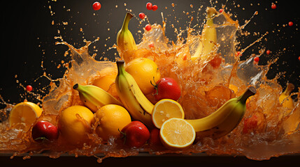 Art of fresh tropical fruit juice / apple, banana and orange. Generative AI.
