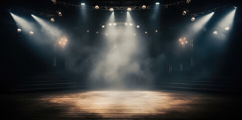Empty concert stage with illuminated spotlights and smoke. Stage background with copy space.