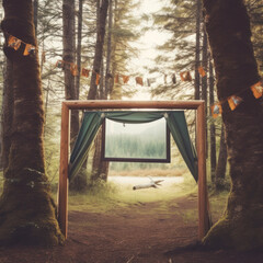 An outdoor camping scene with an empty photo frame

